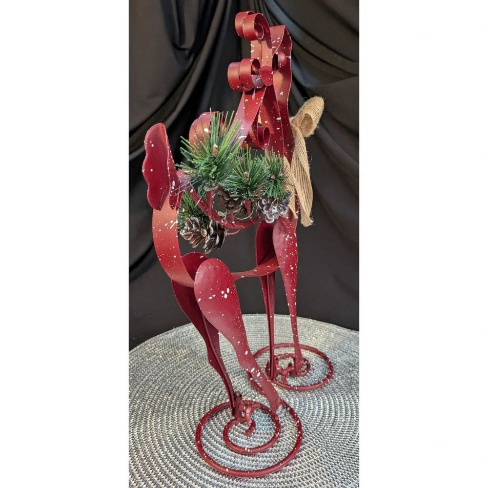 Vtg Rustic Metal Reindeer Tabletop Figurine Snow Splatter Pinecone Burlap 14